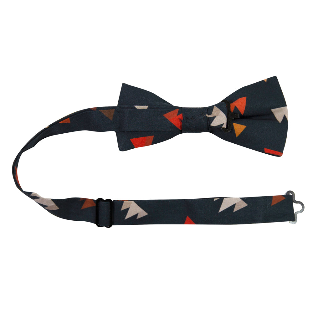Utah Pre-Tied Bow Tie with Adjustable Neck Strap. Navy background with small triangle mountain shapes in gray, orange and brown.
