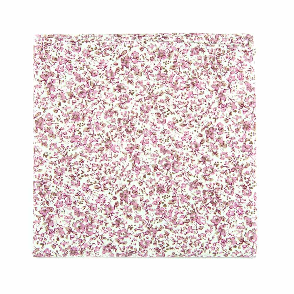 Ventura Pocket Square. Off-white background with small blush pink and light brown flowers and leaves.