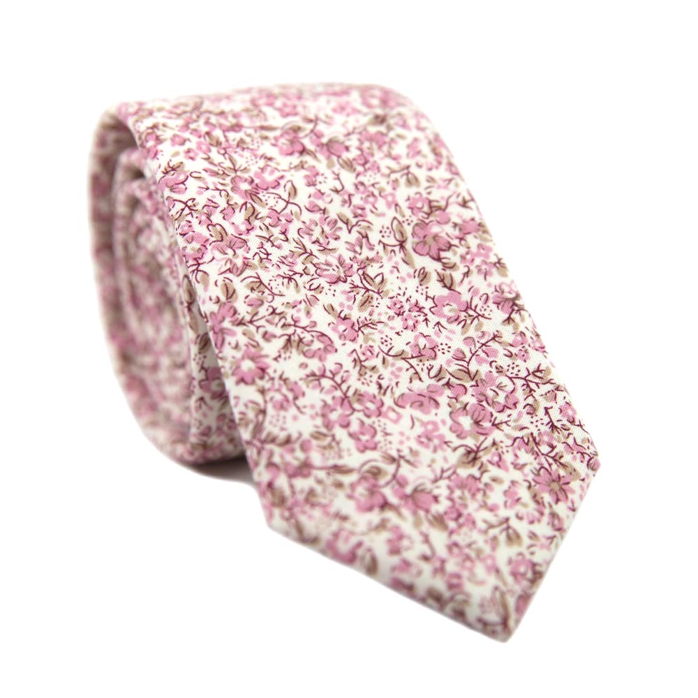 Ventura Skinny Tie. Off-white background with small blush pink and light brown flowers and leaves.