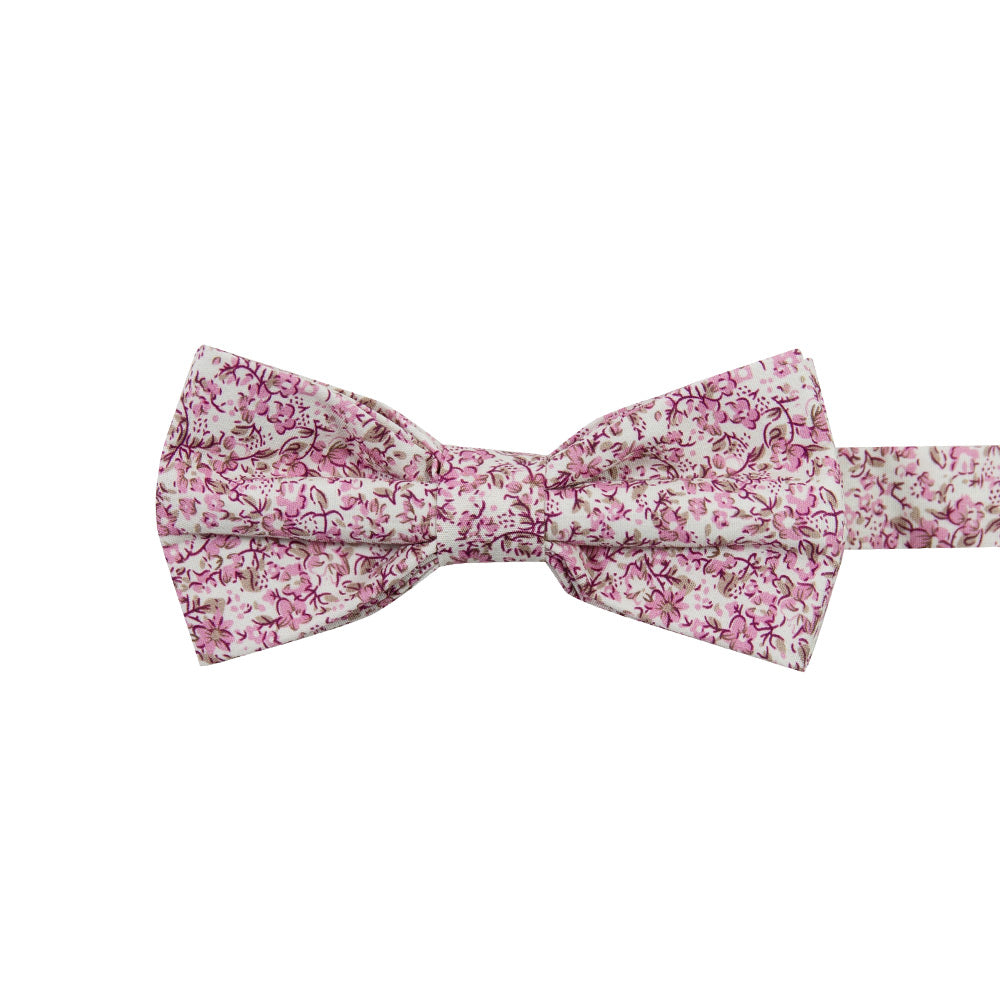 Ventura Pre-Tied Bow Tie. Off-white background with small blush pink and light brown flowers and leaves.