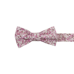 Ventura Pre-Tied Bow Tie. Off-white background with small blush pink and light brown flowers and leaves.