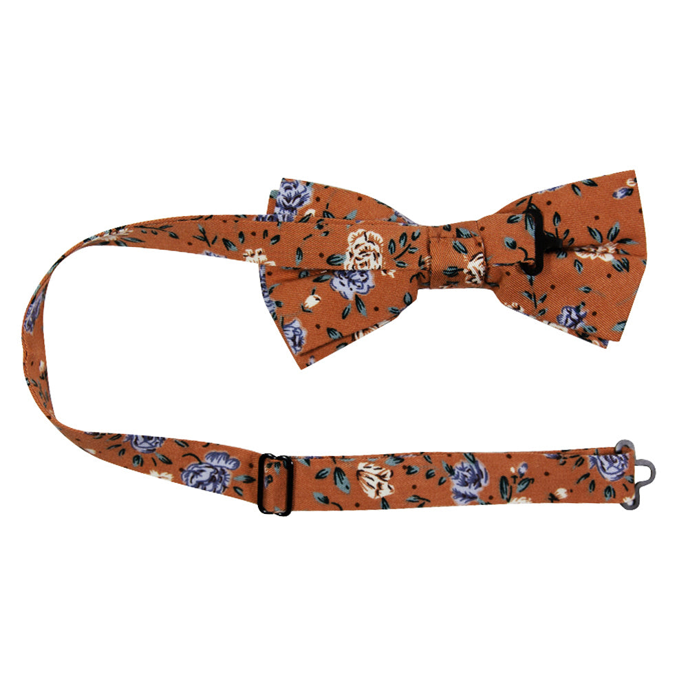 Western Pre-Tied Bow Tie with adjustable neck strap. Orange background with blue and white flowers and small green leaves throughout.