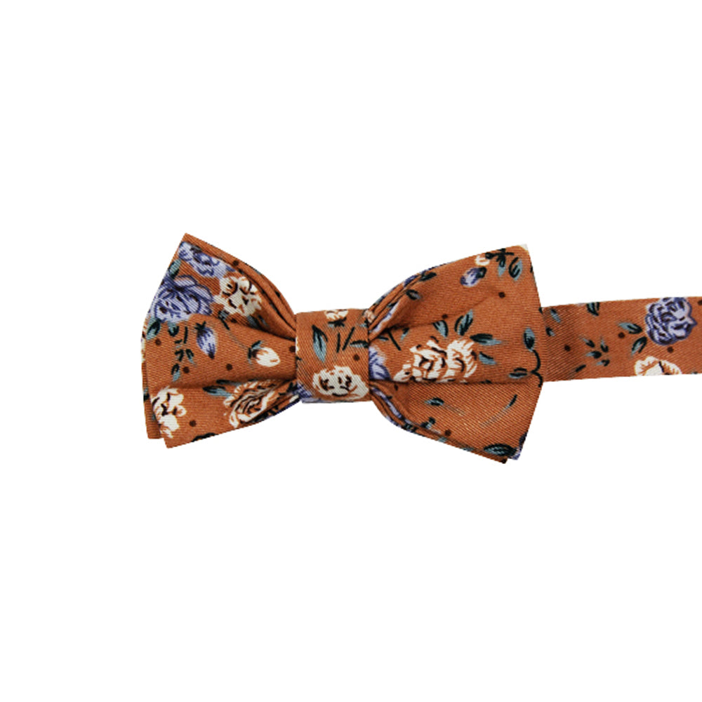 Western Pre-Tied Bow Tie. Orange background with blue and white flowers and small green leaves throughout.