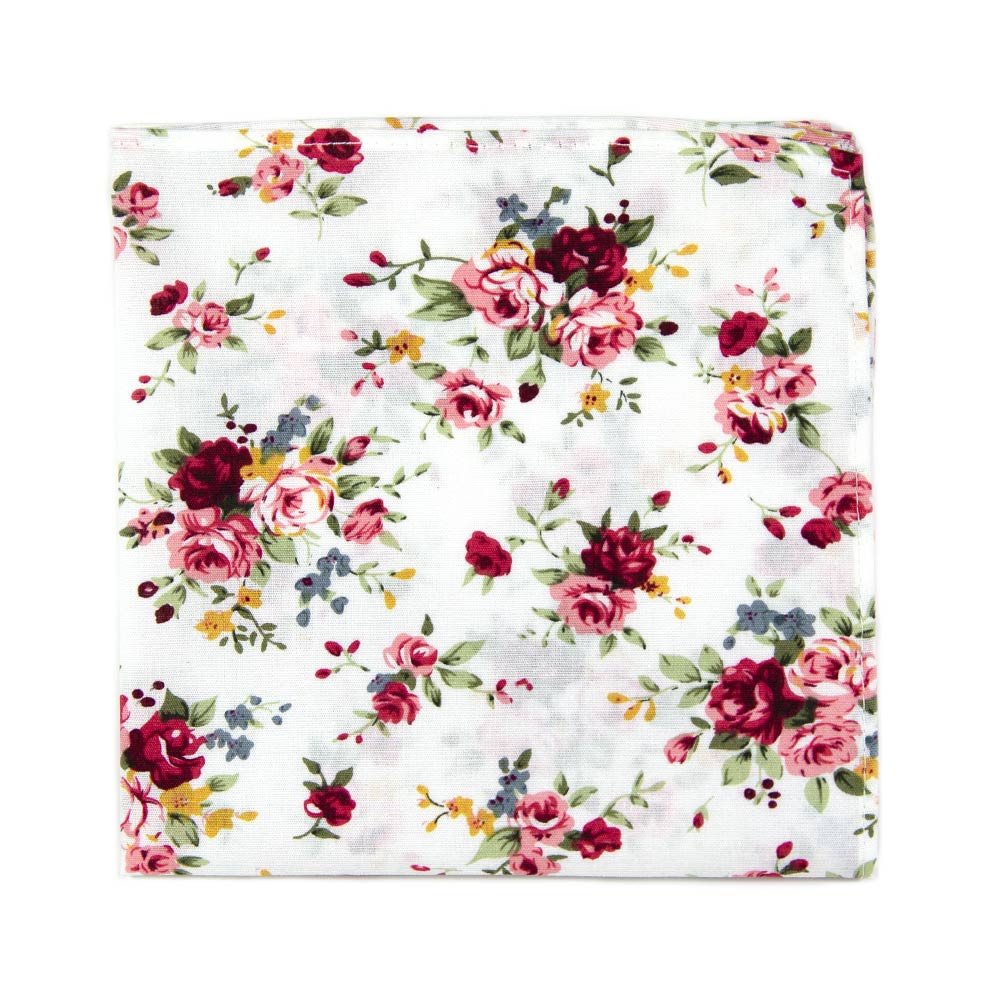 White Floral Pocket Square. White background with red, pink, blue and gold flowers. Green leaves and stems.