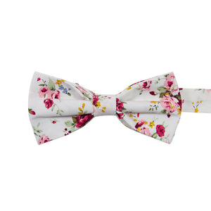 White Floral Pre-Tied Bow Tie. White background with red, pink, blue and gold flowers. Green leaves and stems.