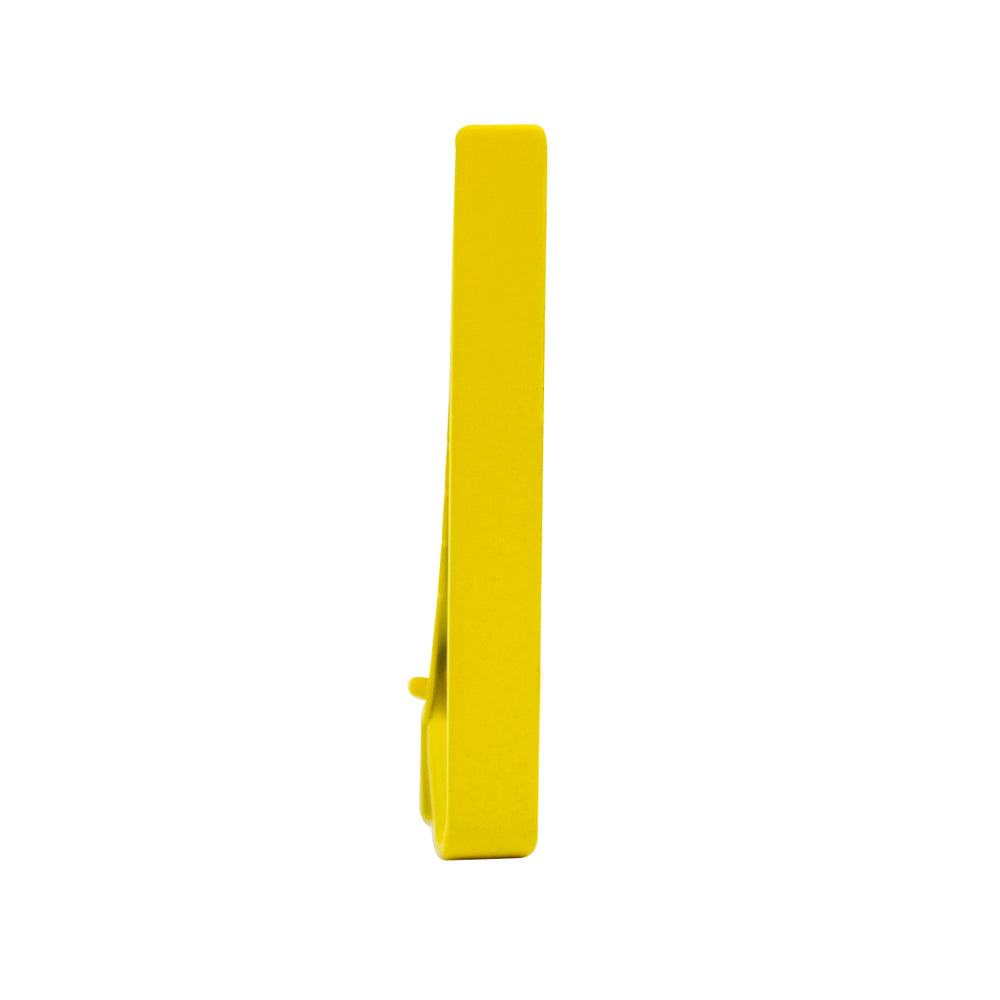 Solid yellow metal tie bar standing on one end.
