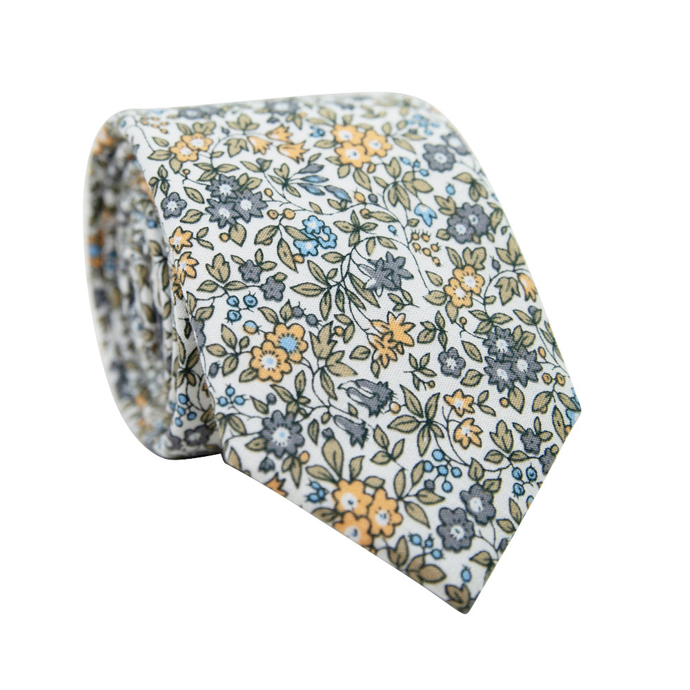 Sunny Meadow Floral Skinny Tie. White background with yellow and gray flowers and tan leaves throughout.