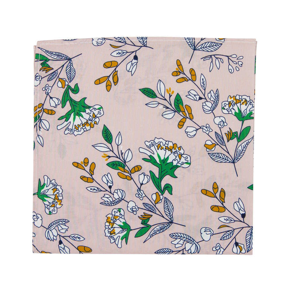 Dusty Lily Pocket Square. Light pink background with white and green leaves and flowers, black stems, and some orange accents.