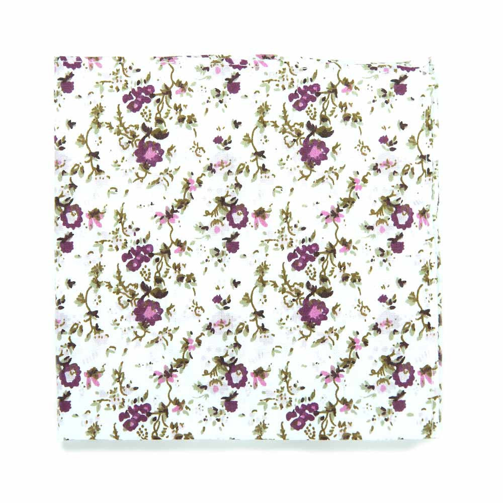 Sweetly Picked Pocket Square. White background with light and dark purple small flowers, brown vines.